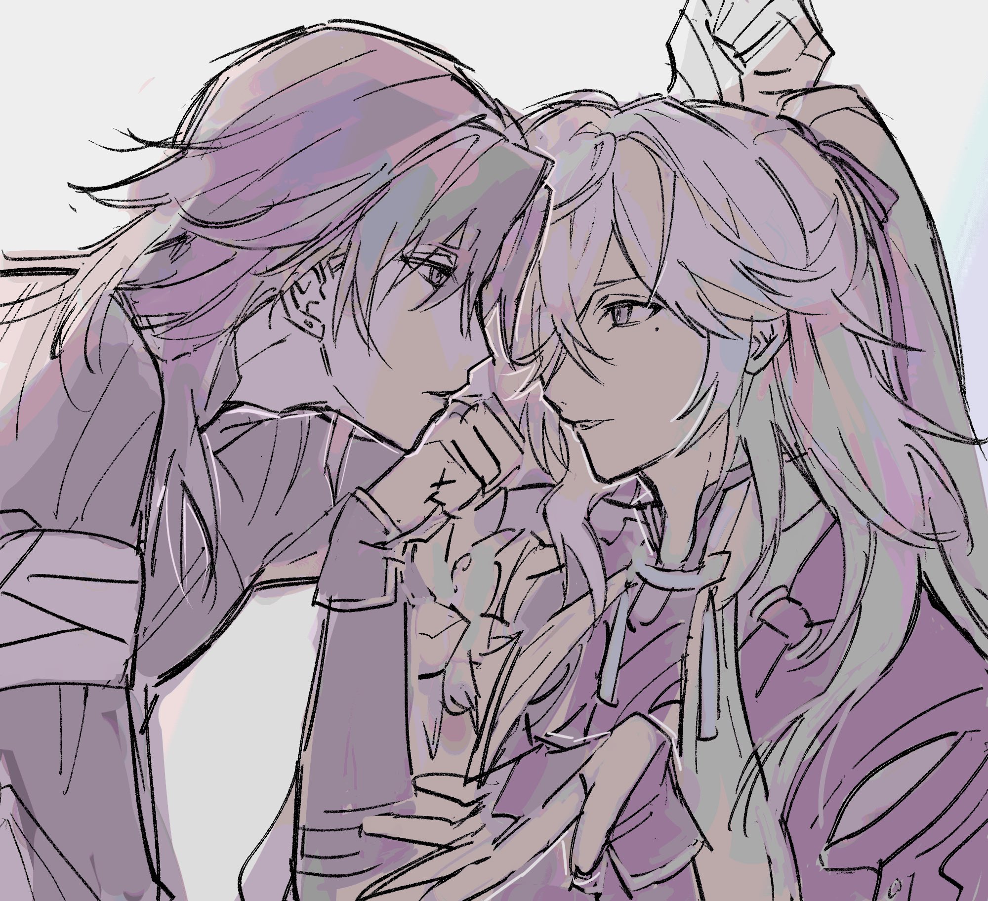 the image features a closeup portrait of two anime characters. the character on the left is a young man with long purple hair, wearing a dark jacket. the character on the right is a young woman with long white hair, wearing a light purple jacket. they are leaning in close to each other, with the man's face near the woman's neck. the woman has a blush on her cheeks and her eyes are closed. the image is drawn in a soft, pastel style and suggests a romantic and intimate moment between the two characters.