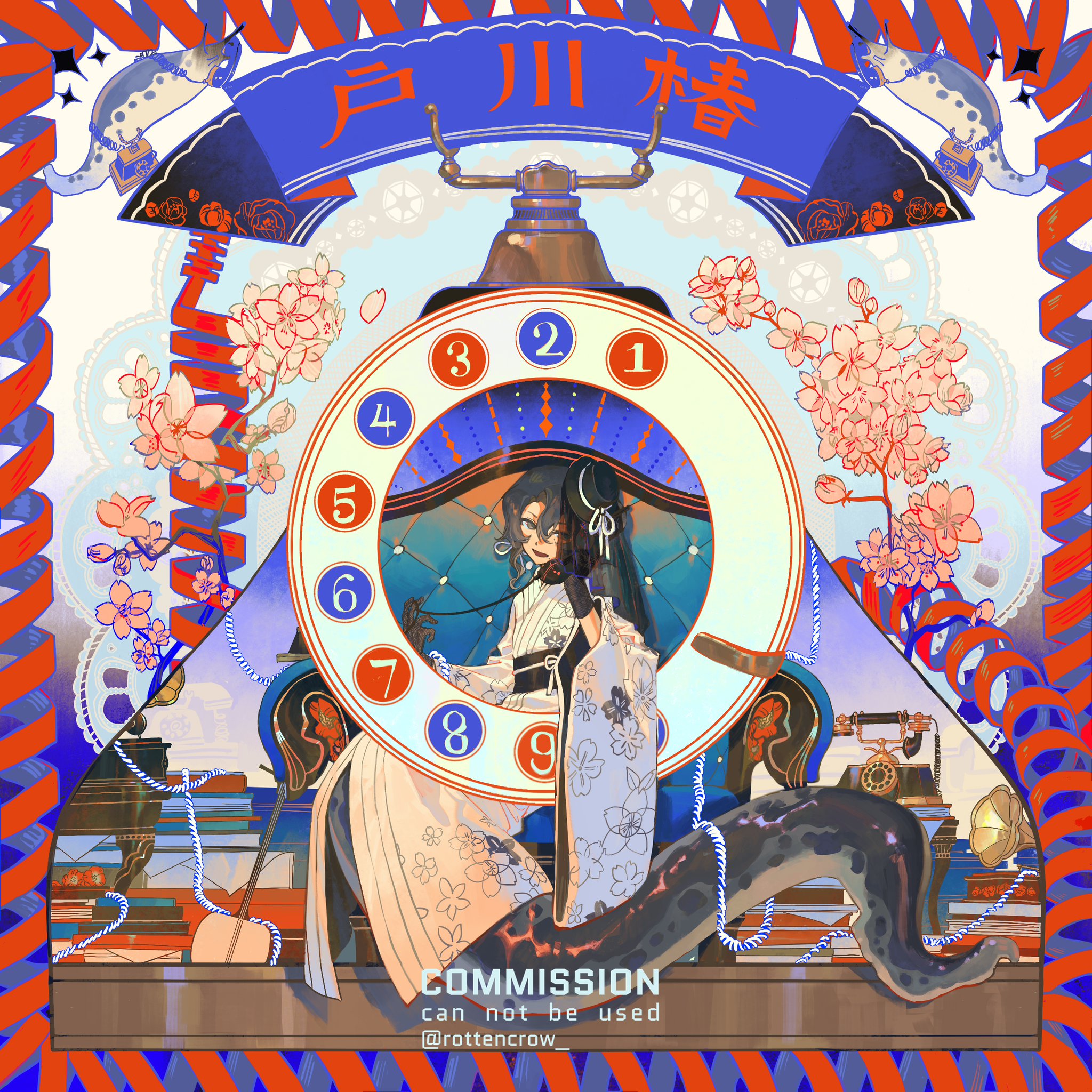 this digital illustration shows an anime girl with long black hair wearing a white kimono with floral patterns, sitting on a chair with a large clock behind her.  the clock has the numbers one through nine, but is missing the number ten.  the girl is holding a phone, and she's also holding onto a large, black snake that's wrapped around the chair.  the background is a vibrant red and blue design, with a cherry blossom tree on the right side of the image.  the image has a vintage aesthetic and is very colorful.  the words "commission", "can not be used", and "@rottencrow" appear on the bottom.