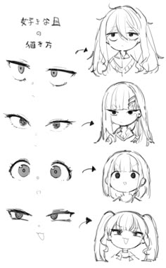 this image shows a drawing tutorial for anime eyes. it shows different styles of anime eyes with different expressions. the tutorial is written in japanese. the image also shows a girl with each type of eye, which helps the viewer to visualize how the eyes look in context. the tutorial is simple and easy to follow, making it perfect for beginners.