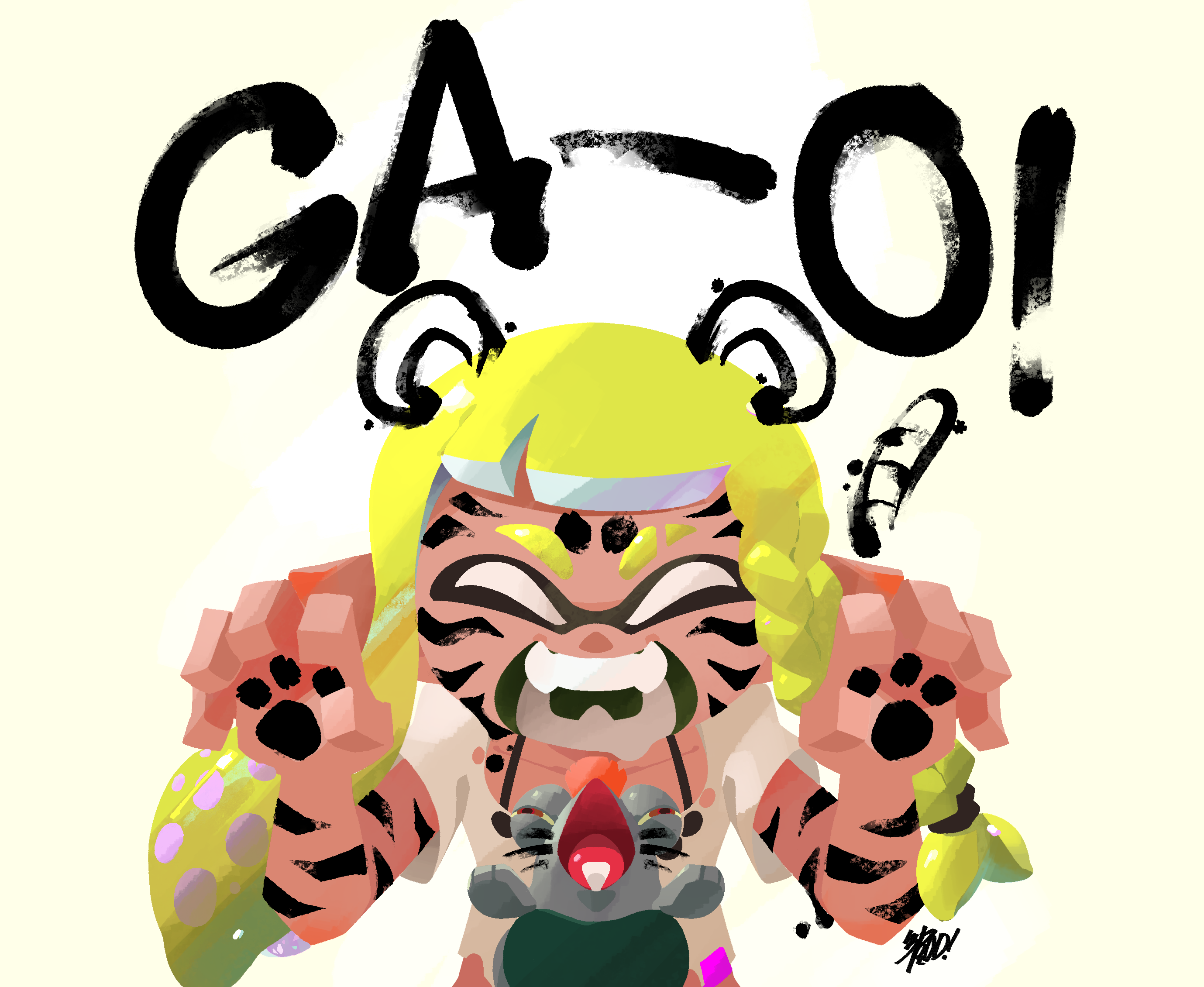a cartoon illustration of a girl with tiger stripes and yellow hair, wearing a white shirt. she is yelling "gaoi!" with a large, angry expression on her face.