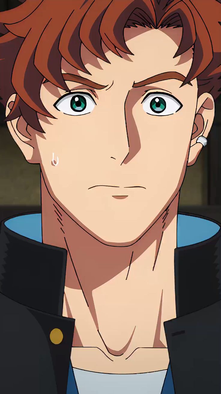 this is a closeup illustration of a young man with a worried expression on his face. he has brown hair, green eyes and an earring in his left ear. he is wearing a black jacket with gold buttons and a white undershirt. the background is dark, which emphasizes the man's worried expression.
