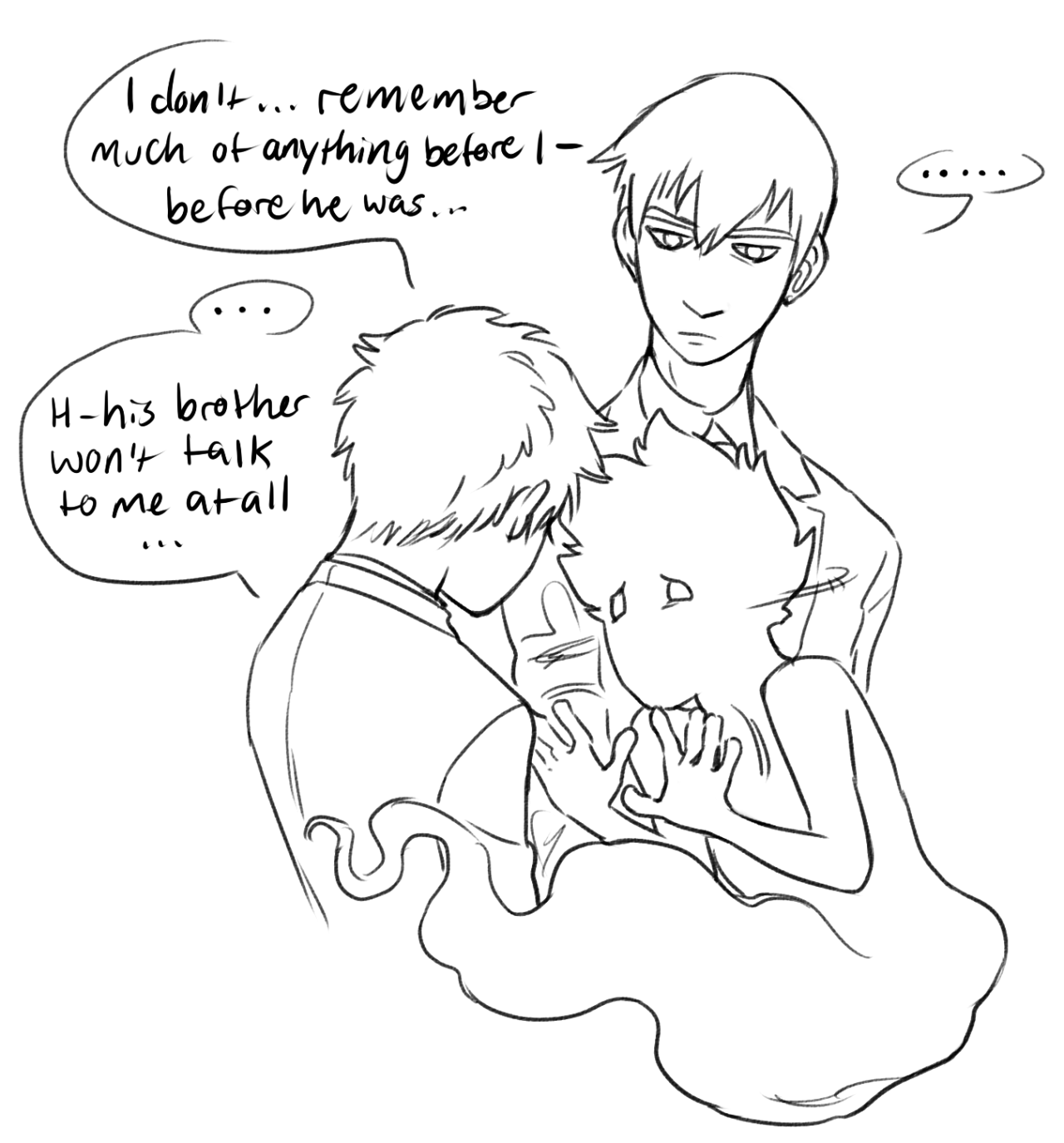 the image is a black and white sketch depicting three men. two are drawn realistically, while the third is a more stylized ghostly figure held in the arms of the central figure.  dialogue bubbles reveal a sense of loss and strained communication. the man on the left expresses a lack of memory before the ghostly figure's existence. the central figure, head bowed, reveals that the ghostly figure's brother refuses to speak to him, suggesting conflict and grief. the overall tone is somber, hinting at a tragic past and complex emotional dynamics.