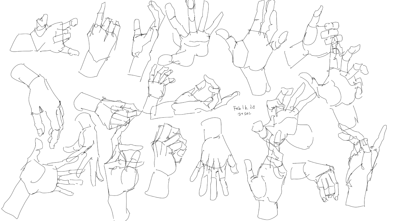 the image contains several hand sketches drawn using line art. the sketches appear to be quick gesture drawings, possibly done for practice or anatomical study. the various hand poses, including open palms, clenched fists, and pointing fingers, are shown.