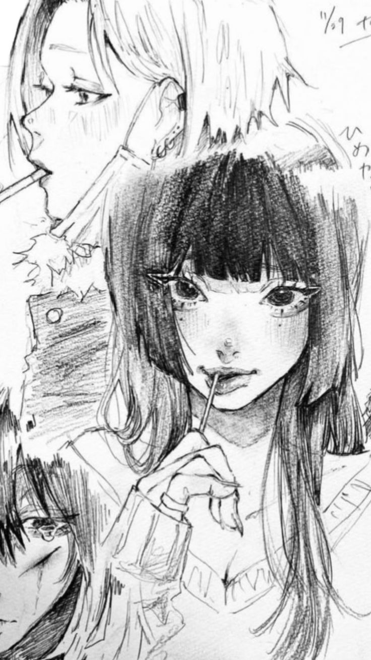 a detailed pencil sketch showcasing three young women. the central figure is a girl with long, straight black hair, bangs that cover her eyes, and a thoughtful expression. she holds a lollipop near her mouth. the woman on the left side has short blonde hair and is wearing a jacket. the third woman's face is partially visible at the bottom left corner. the style is reminiscent of anime or manga. the drawing uses shading and texture to create depth and realism. the overall tone of the artwork is melancholic yet captivating.