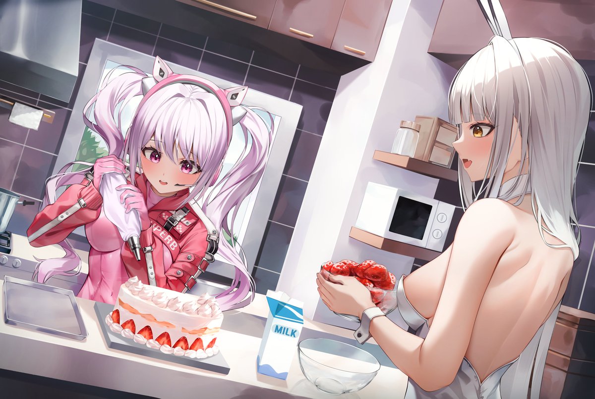 the image depicts two animestyle girls in a kitchen setting. one girl, with long pink hair and a pink outfit, is decorating a strawberry cake using a pastry bag. the other girl, with long white hair and a white dress (showing a significant portion of her back), is holding a bowl of strawberries. the overall atmosphere is light, sweet, and focused on the preparation of the cake.  the style is highly detailed and reminiscent of digital manga artwork. the background shows a modern kitchen with appliances and shelving.
