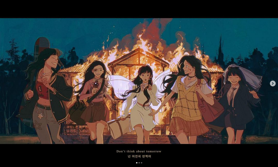 five anime girls are running away from a house that is on fire, they are all smiling and laughing, it looks like they are happy to be getting away from the fire.  they are all dressed in different styles of clothing.  the background is dark and the fire is illuminating the girls. the image is in the style of an anime illustration.