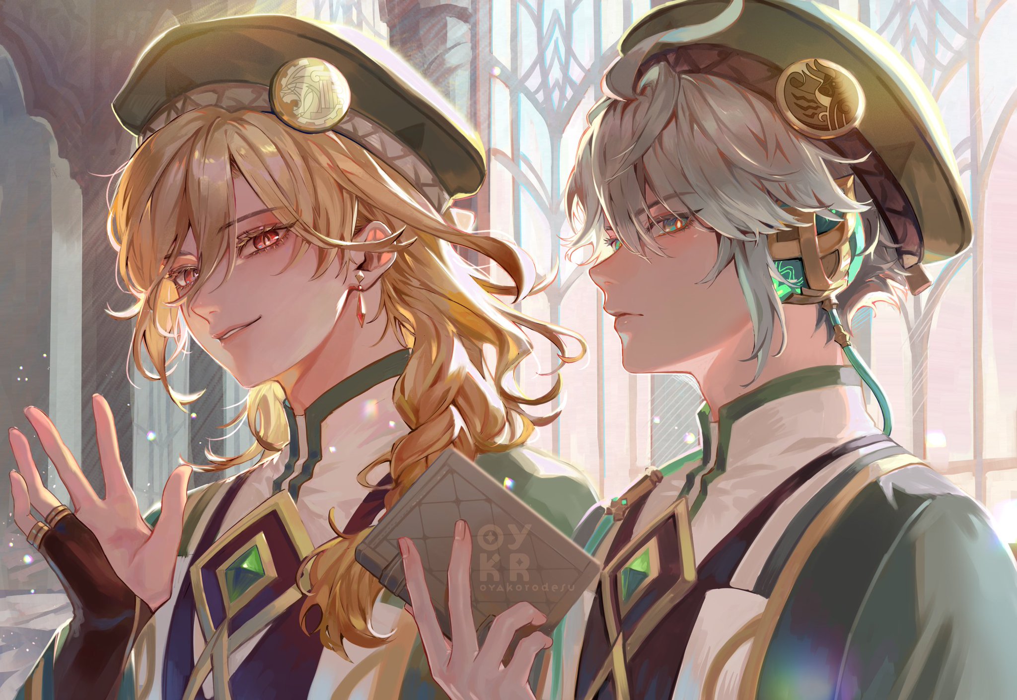 two anime boys in school uniforms, with one in a green hat with gold trim and the other in a  white hat with gold trim, are standing side by side inside a building. they are looking at something off screen with serious expressions.  the boy on the left is holding a closed book in his right hand and has a gentle smile while the boy on the right has a more serious expression on his face. the background of the image is a bright and sunny window.