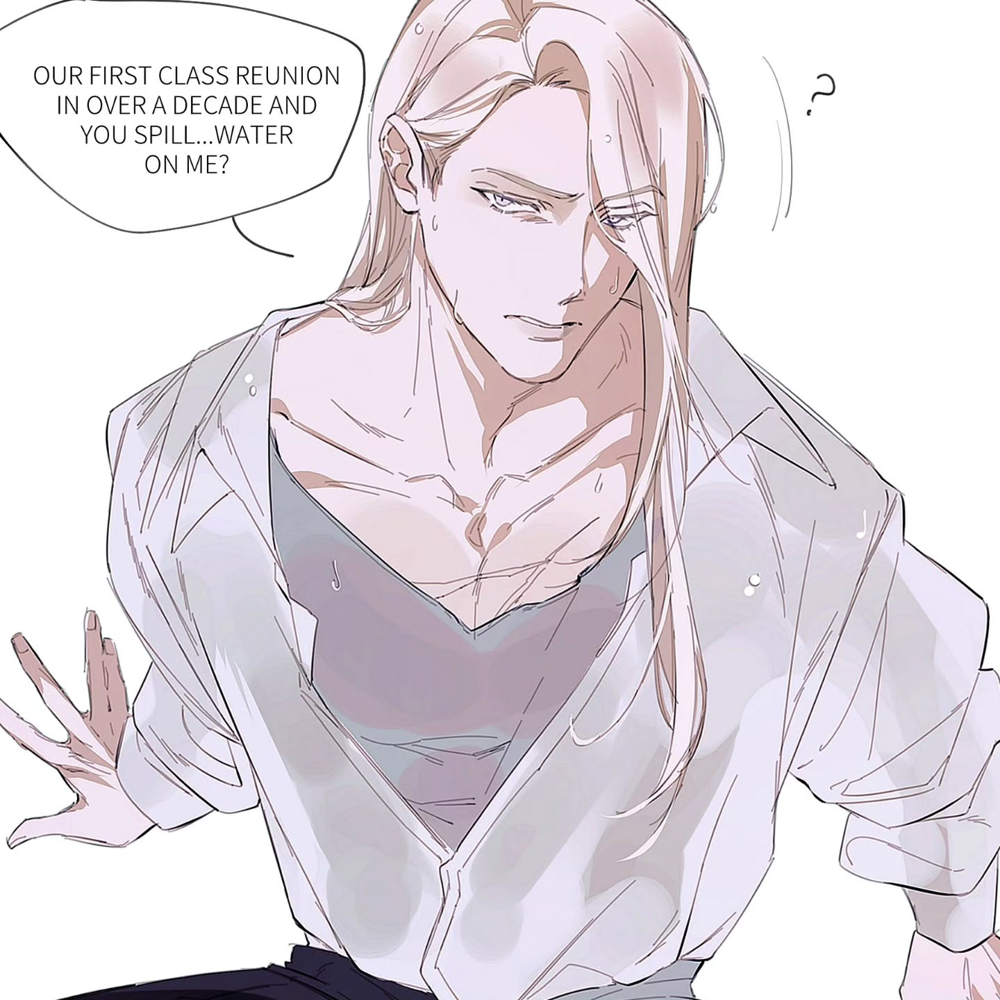 he image shows a stylized anime or manga drawing of a man with long blond hair, wearing a partially unbuttoned white shirt that appears wet. he looks surprised and slightly upset, with water possibly spilled on him. a speech bubble indicates that it's a class reunion after a long time. the art style is soft and expressive, with delicate lines and shading. the overall mood is one of mild annoyance and surprise.
