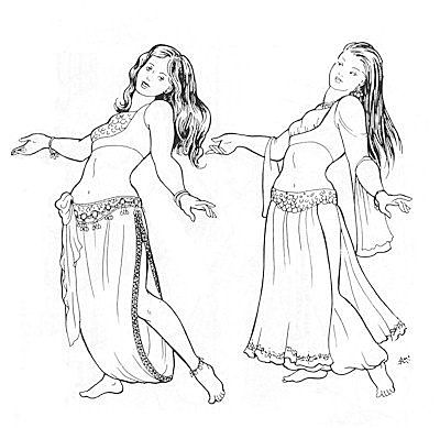 two women are shown belly dancing in a black and white drawing. they are both barefoot and wearing similar outfits consisting of a skirt and top, along with jewelry like bracelets and anklets. both have long hair and are shown in a side view.