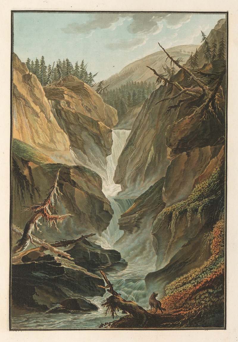the image shows a landscape with a waterfall cascading through a rocky canyon. the canyon walls are steep and covered in vegetation. a deer is standing on a rocky outcrop near the river at the bottom of the canyon. trees are growing on the slopes of the surrounding mountains and the sky is partially clouded.