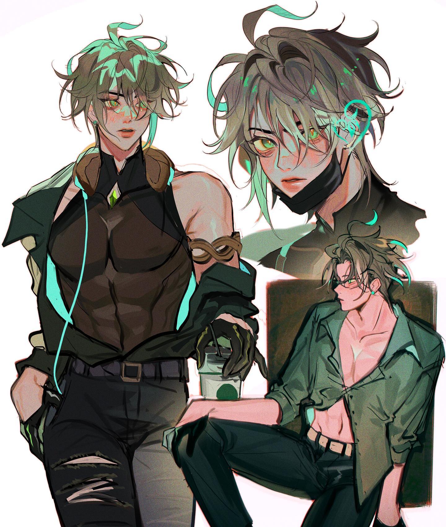 the image is a digital fanart showcasing three different depictions of the same male anime character.  the main focus is on a character with messy green hair, wearing a stylish, partially unbuttoned open green shirt, dark pants and holding a coffee cup. this character is posed casually.  two other depictions of the same character are included, one shows a more muscular and cyberpunkstyled version with a darker top, ripped jeans, and futuristiclooking headphones.  the second version is a portraitstyle closeup focusing on the character's face and upper body, showing part of a face mask and also has stylized green accents in their hair.  the art style is reminiscent of anime and manga, with dynamic poses and vivid color palettes. the overall aesthetic is a blend of casual and futuristic elements.