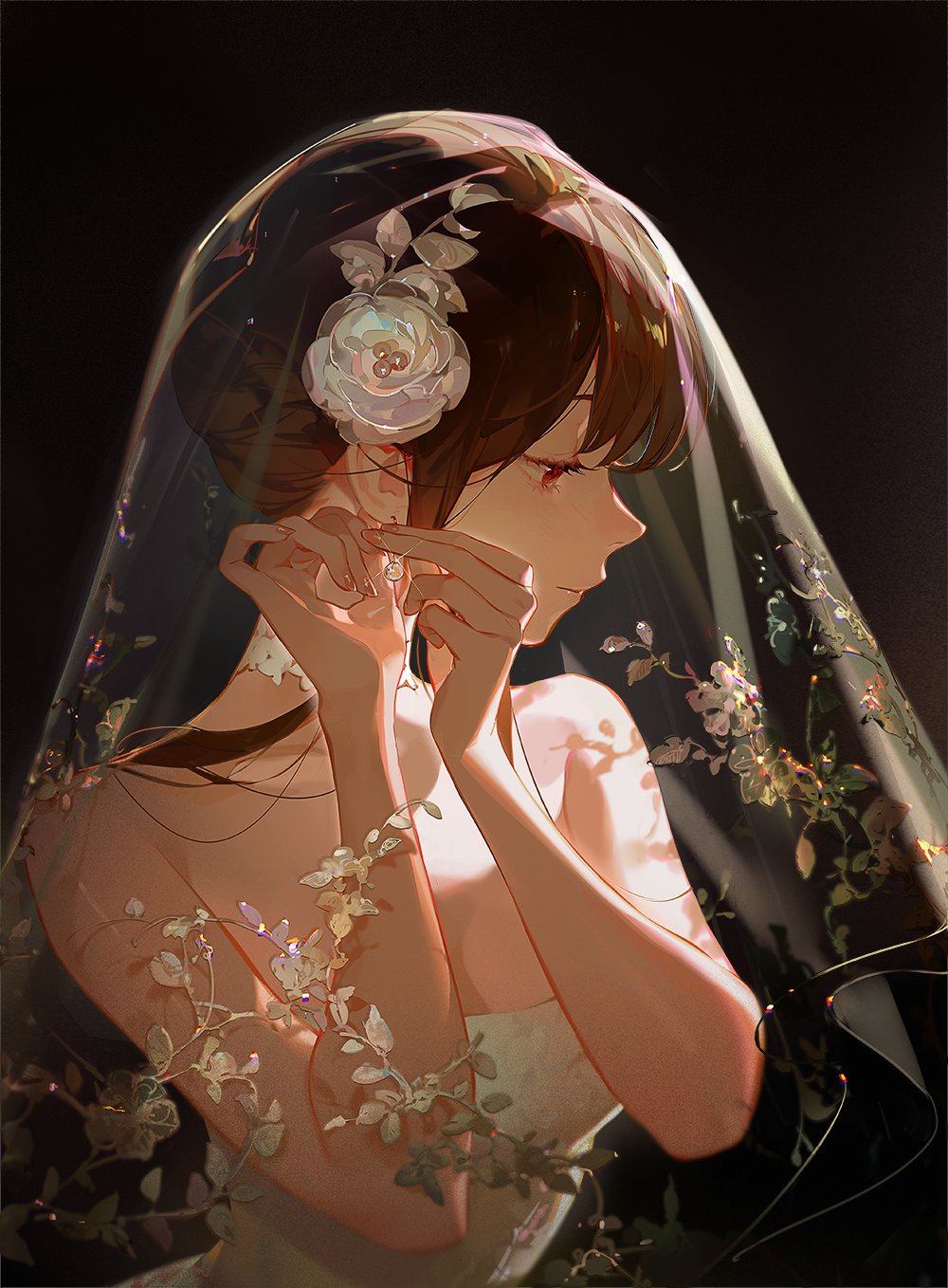 an anime illustration of a bride in a strapless dress and veil with flower embellishments. the bride is wearing jewelry, including an earring, and has brown hair. she is depicted in a profile view with closed eyes.
