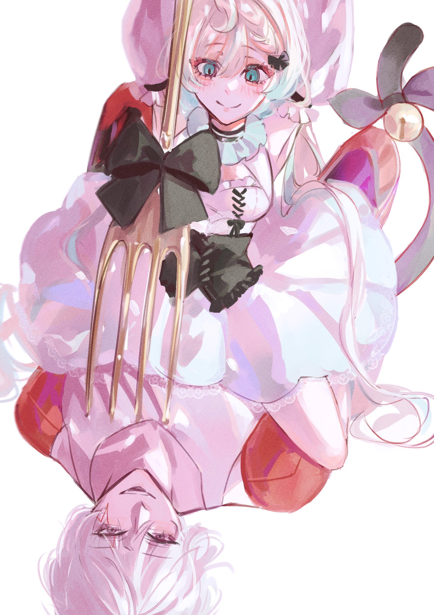 the image depicts an animestyle illustration of a young girl in a white and pink dress with a giant golden fork, holding onto a blondehaired young boy who is upside down. the girl has large, blue eyes and a sweet smile, while the boy seems to be sleeping. the background is simple and white, making the figures stand out. the image has a whimsical and romantic feel.