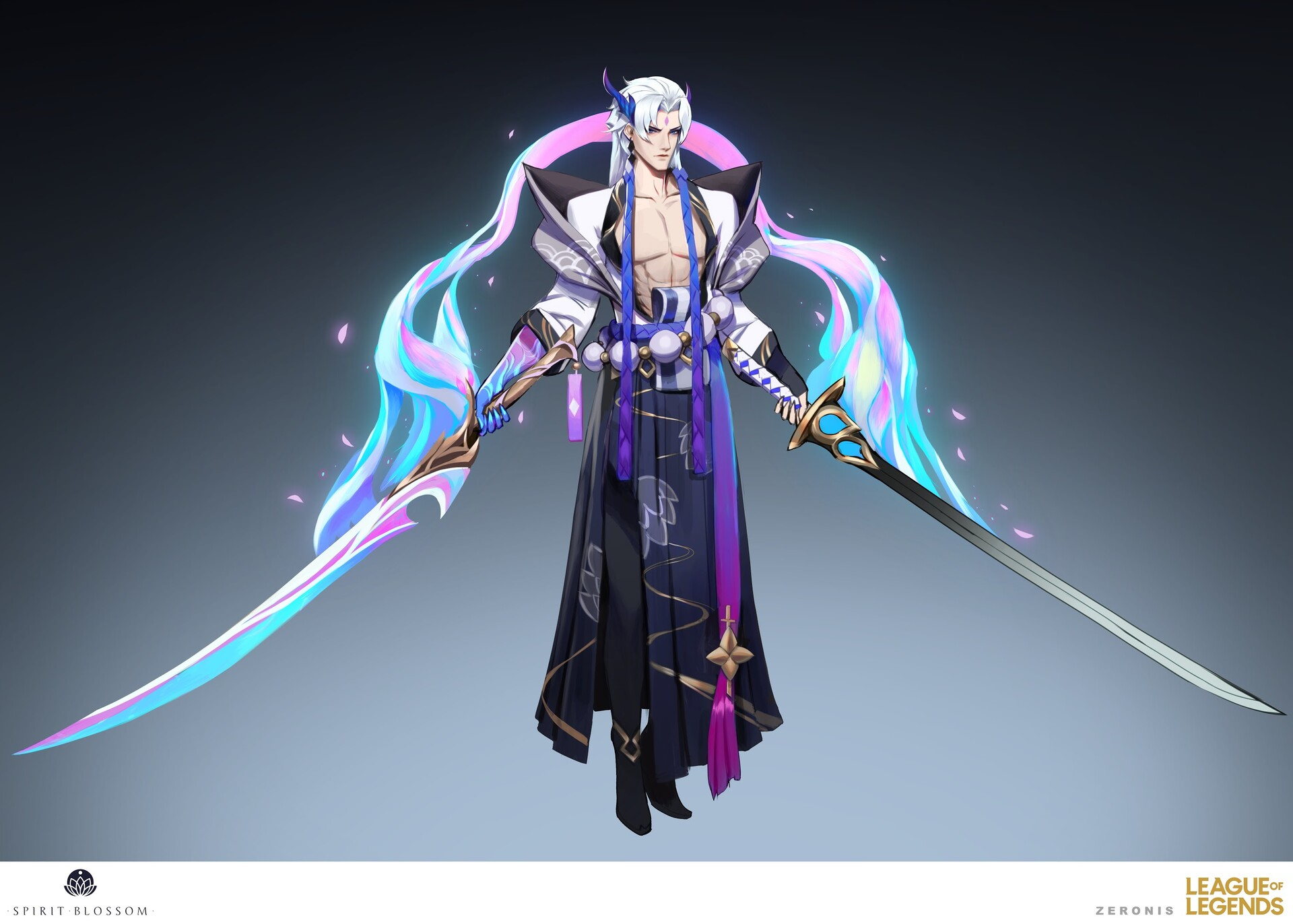 the image is a stunning piece of concept art for a league of legends skin. it showcases yasuo, adorned in a spirit blossom themed outfit. he is depicted in a dynamic pose, dualwielding two elegant, glowing swords with ethereal trails of light reminiscent of flames.  his attire combines japaneseinspired elements, including a kimonolike robe, a haori jacket, and an obi sash, with a modern twist. the overall aesthetic is elegant and graceful, emphasizing the ethereal and magical aspects of the character and the skin. the artist's signature "zeronis" is visible in the bottom right corner, along with the league of legends logo. the background is a muted grey, allowing the vibrant colors of the character and his weaponry to stand out.