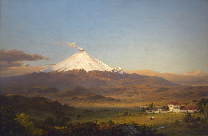 the image is a landscape painting featuring the popocatépetl volcano in mexico. the volcano is snowcapped and emits a small plume of smoke. the foreground features a rural scene with a building, trees, fields, and cattle. the sky is blue with scattered clouds.