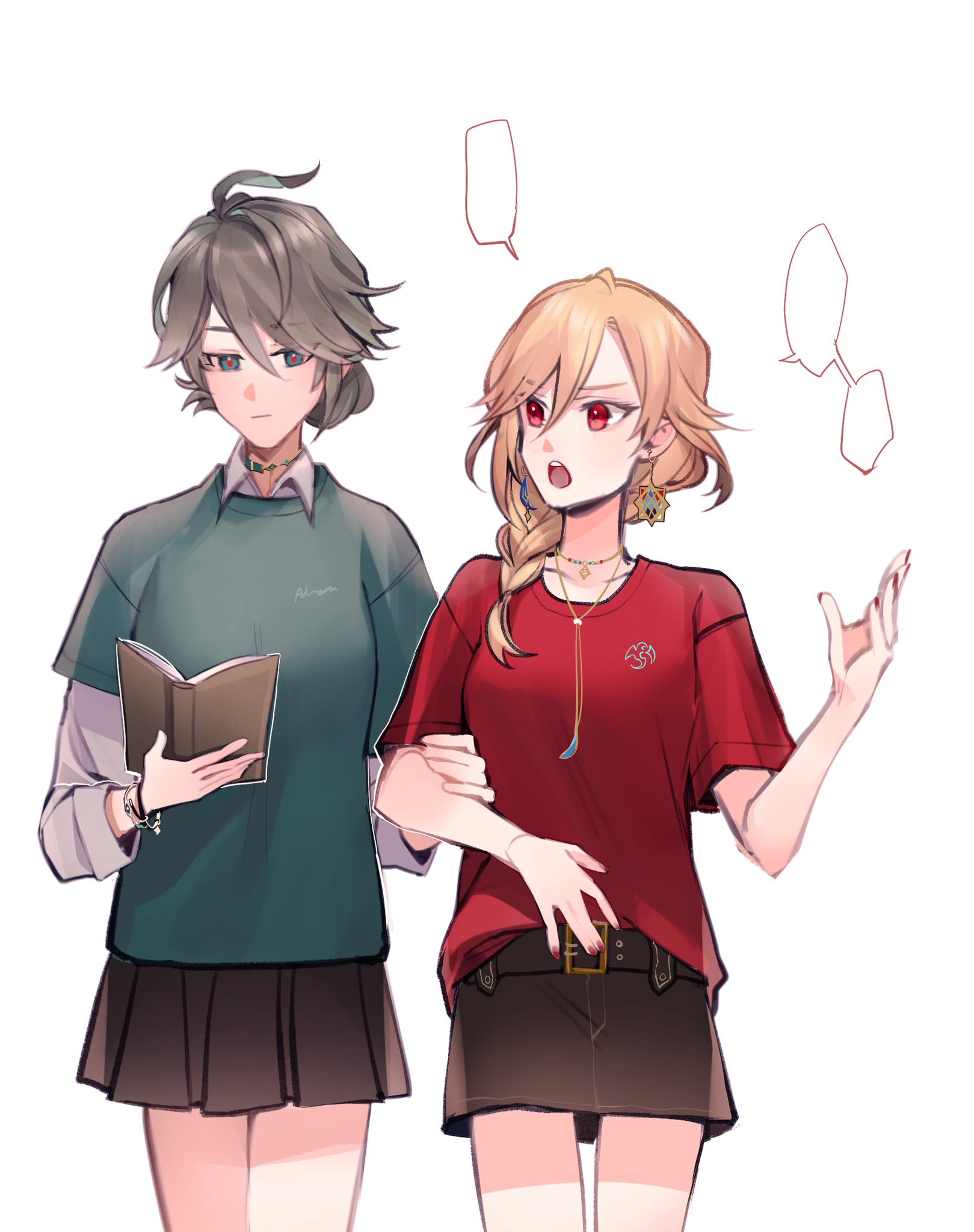two anime girls are walking outside. the one on the left is holding a book and has short black hair, while the girl on the right is gesturing with her hand and has long blonde hair with a side braid. the girl on the left is wearing a green shirt and a black skirt, while the girl on the right is wearing a red shirt and a black skirt. they appear to be friends and are talking to each other.