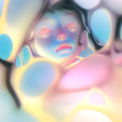 this image features a surreal, abstract design with vibrant colors and fluid shapes. a feminine face appears partially obscured by a swirling mass of pastel hues and intricate, interwoven lines. the face is highlighted by glowing eyes and lips, set against a backdrop of shifting, ethereal textures. the overall effect is dreamlike and otherworldly, blurring the lines between reality and imagination.