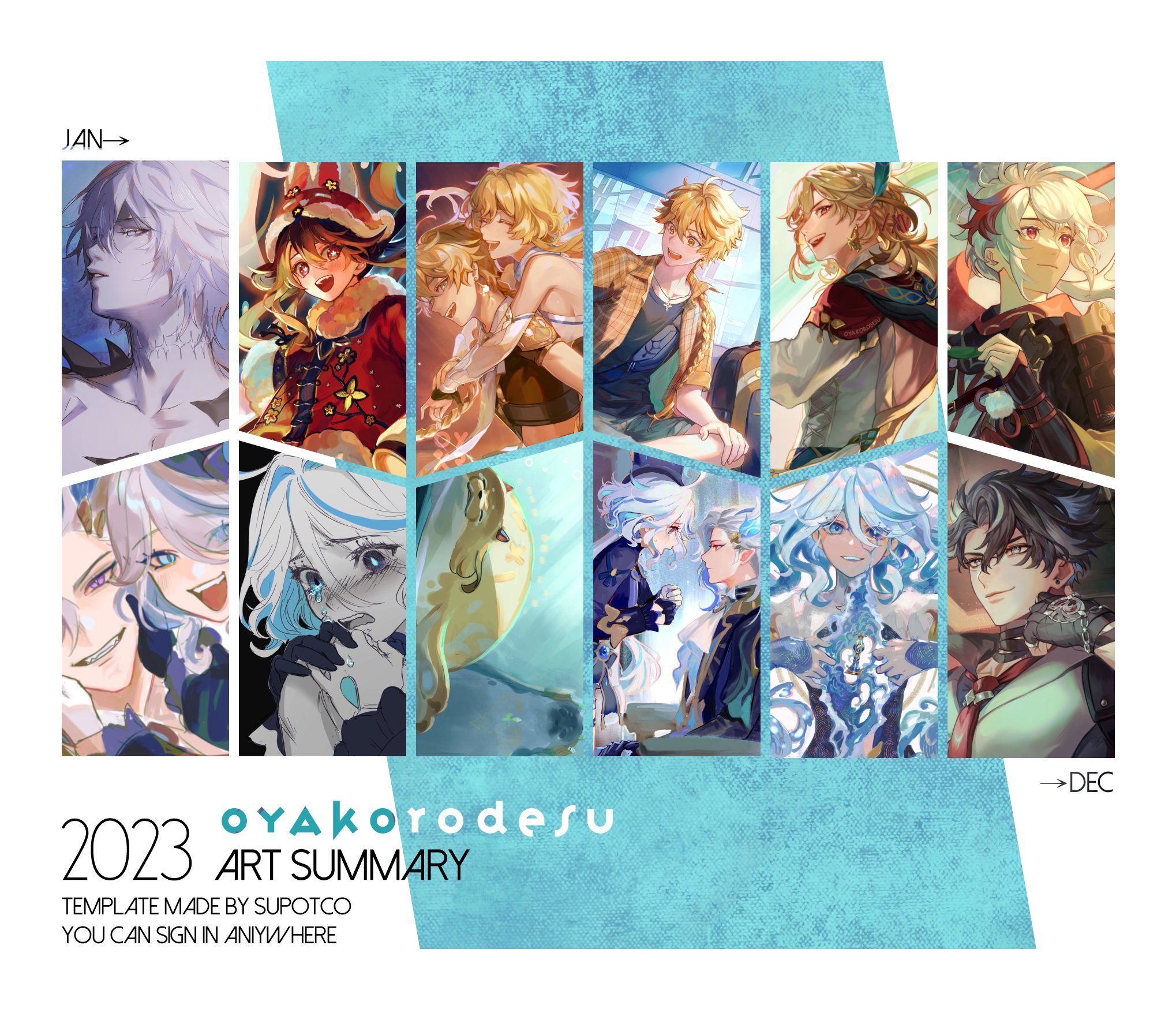 this is a digital art calendar featuring anime characters, possibly from a popular video game or anime series. it's a fanmade project with a "2023 oyakorodesu art summary" title and a "template made by supotco" credit. the calendar has a blue background with a collage of various character illustrations, and the months are indicated by arrows.