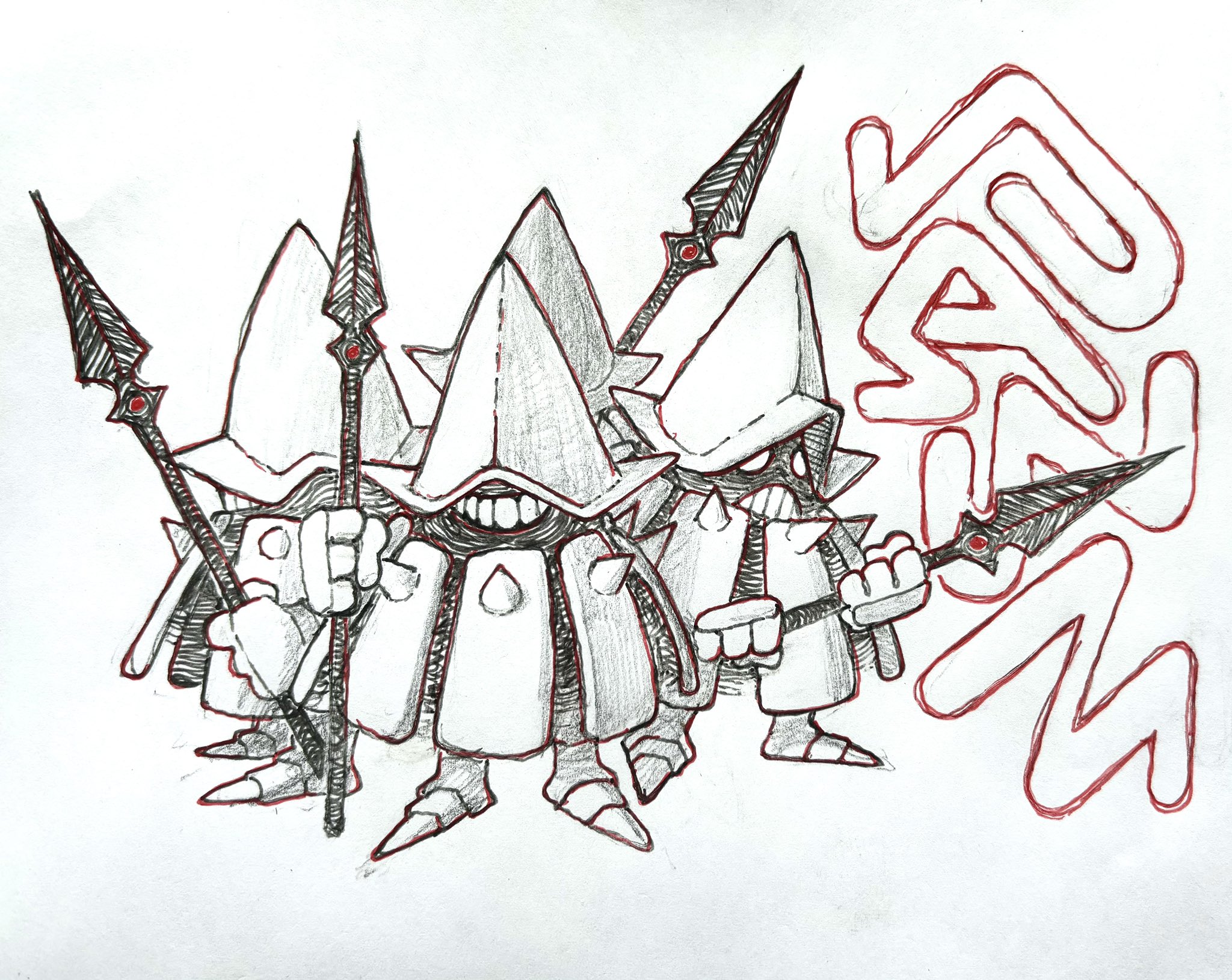 a pencil sketch of four coneheaded creatures in robes and pointy boots, each wielding spears. the word "goblin" is written in red to the right.
