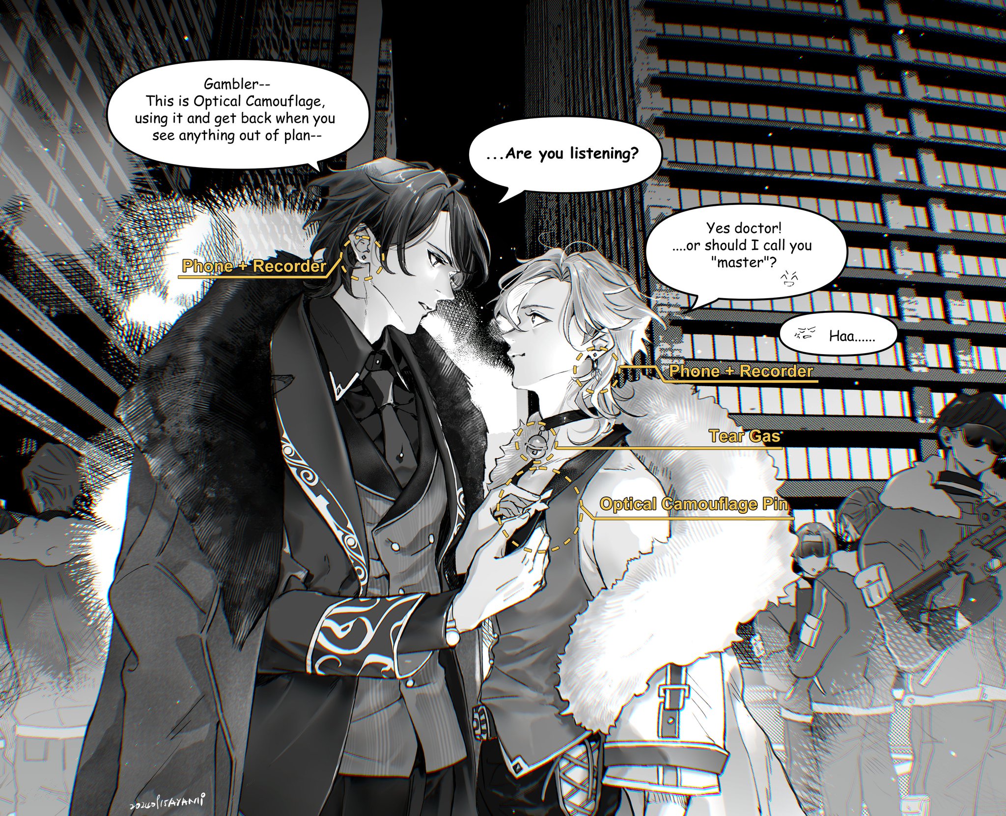 this is a black and white illustration of two anime men in a dark urban cityscape. the man on the left is wearing a suit and a long coat. he has short black hair and sharp features. he is holding a phone in his hand. the man on the right is wearing a white coat and a fur collar. he has long blond hair and gentle features. he is holding a small device in his hand. they are both looking at each other with affection. the background is a dark city street with tall buildings. the sky is cloudy and the air is thick with fog. the text on the image suggests that they are engaged in some kind of dangerous mission. the image has a romantic and suspenseful feel.