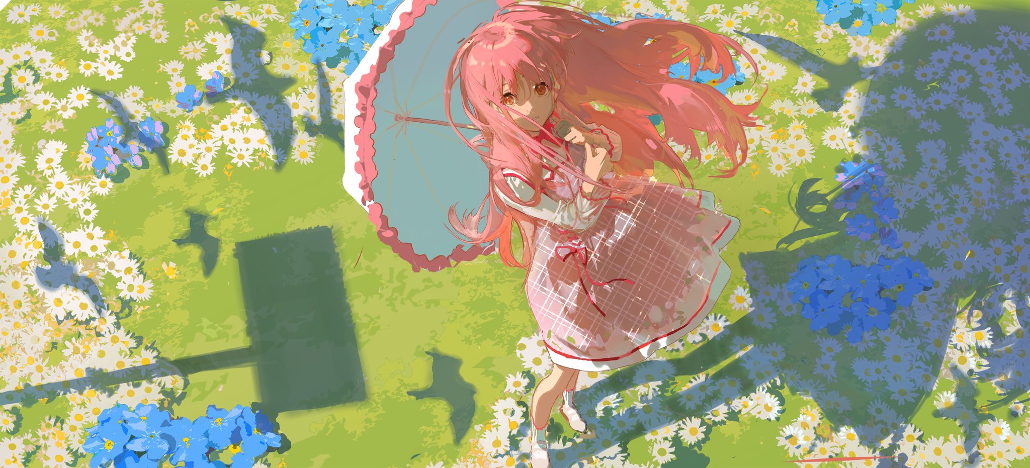 a beautiful anime girl with pink hair is standing in a field of daisies, holding a blue and white umbrella. the sun is shining brightly, casting a long shadow of the girl on the grass. she looks very happy and carefree, as if she is enjoying a day out in the fresh air.