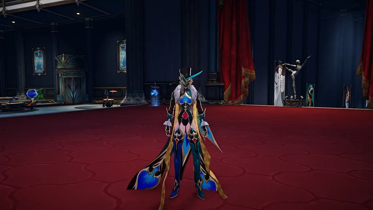a female character in a blue, gold, and black fantasy outfit, with a hat and flowing cape, stands on a red floor in a beautifully designed room with a dramatic backdrop, possibly an interior shot from a video game.