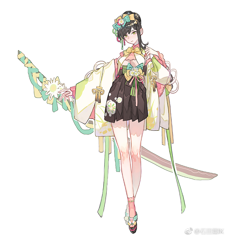 the image is a digital illustration of a young woman with long black hair styled with a braid and adorned with flowers and ribbons. she wears a stylized white and green kimono with floral patterns and a short black skirt. a large, ornate katana rests behind her, partially wrapped in ribbons. the overall style is reminiscent of anime and manga, with soft lighting and a slightly low angle perspective. the image evokes a sense of elegance and strength.
