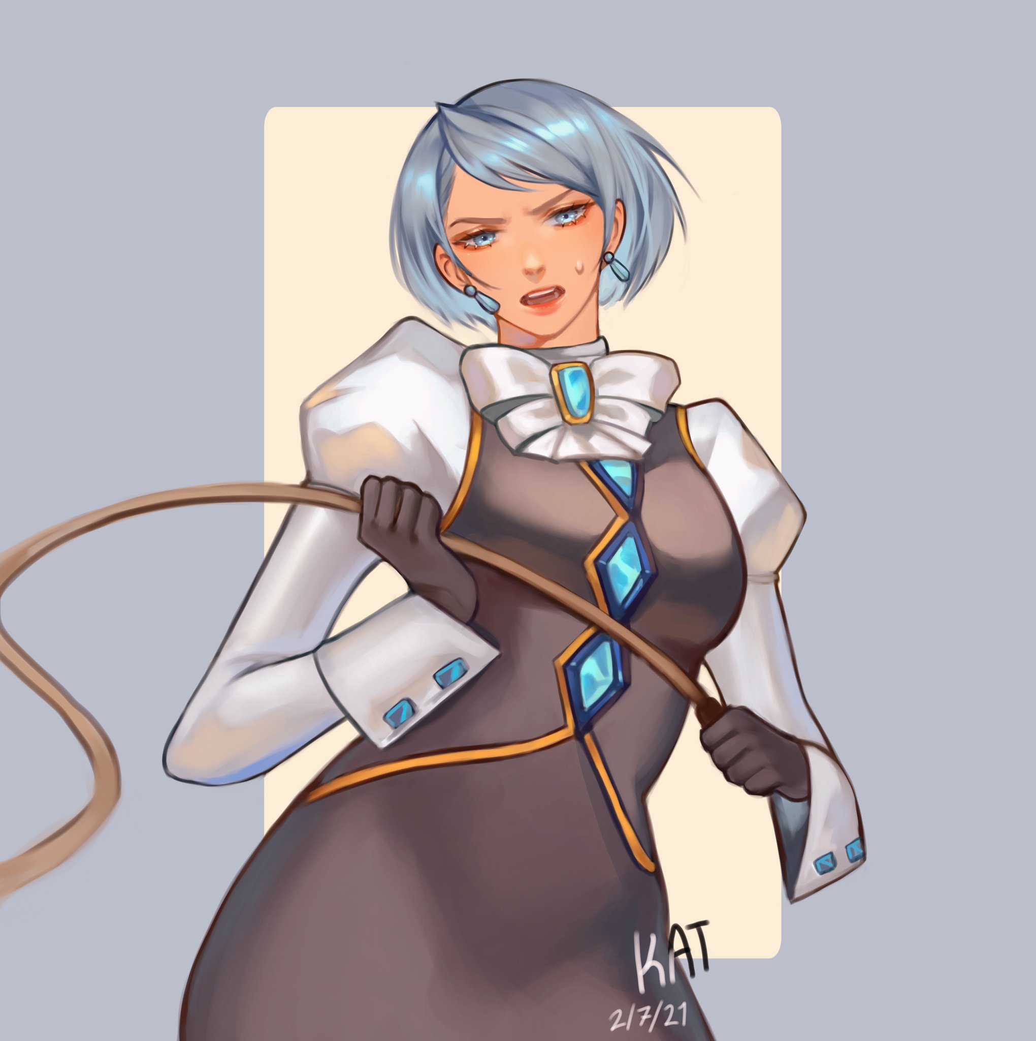 the image is a digital painting or illustration of a young animestyle woman. she has short, light blue hair styled in a bob and is wearing a stylish, elegant dark brown/beige dress with gold trim and teal accents resembling gemstones.  the dress has puffy sleeves and a high collar with a white bow.  she's wearing dark gloves and holds a leather whip. her expression is serious and confident, almost stern. the background is a simple pale beige rectangle against a light gray background.  the artist's signature "kat" and the date "2/7/21" are visible in the bottom right corner. the overall style is clean and polished, with a focus on character design and detail.