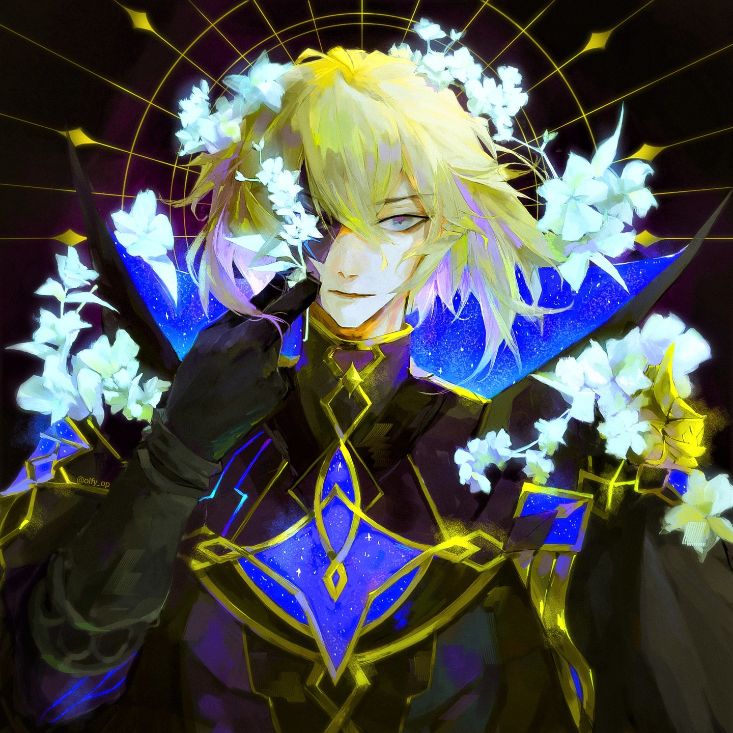 the image is a digital painting or fanart depicting a male anime character. he has long, blond hair adorned with white flowers that seem to be partially obscuring his face. he is wearing elaborate clothing that features a dark base with gold and blue accents that resemble a starlit sky or cosmic patterns, suggestive of armor or a regal outfit. the style is highly stylized, with vibrant colors and a painterly texture. the character's expression is serious and somewhat mysterious. the background is dark and features a subtle golden geometric pattern, adding to the overall fantasy and celestial atmosphere.  the overall mood is dramatic and elegant.
