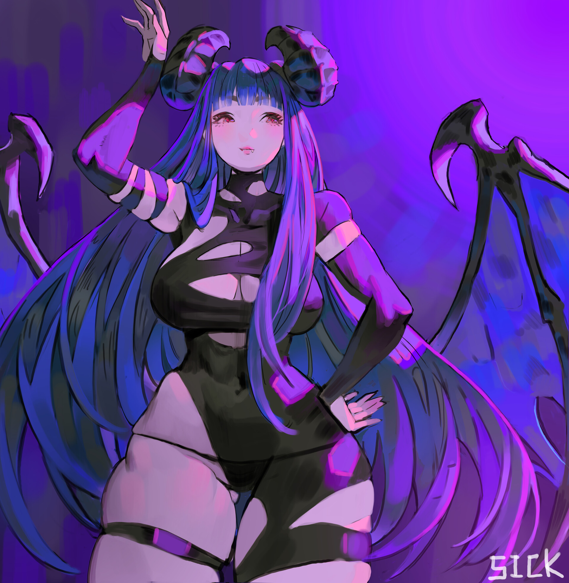 a fullbody drawing of an animestyle demon girl with long blue hair, horns, and wings. she has red eyes and wears a black bodysuit with cutouts and striped details, showcasing her cleavage and thick thighs. the background is a gradient of purple. the artwork includes a signature "sick" watermark.
