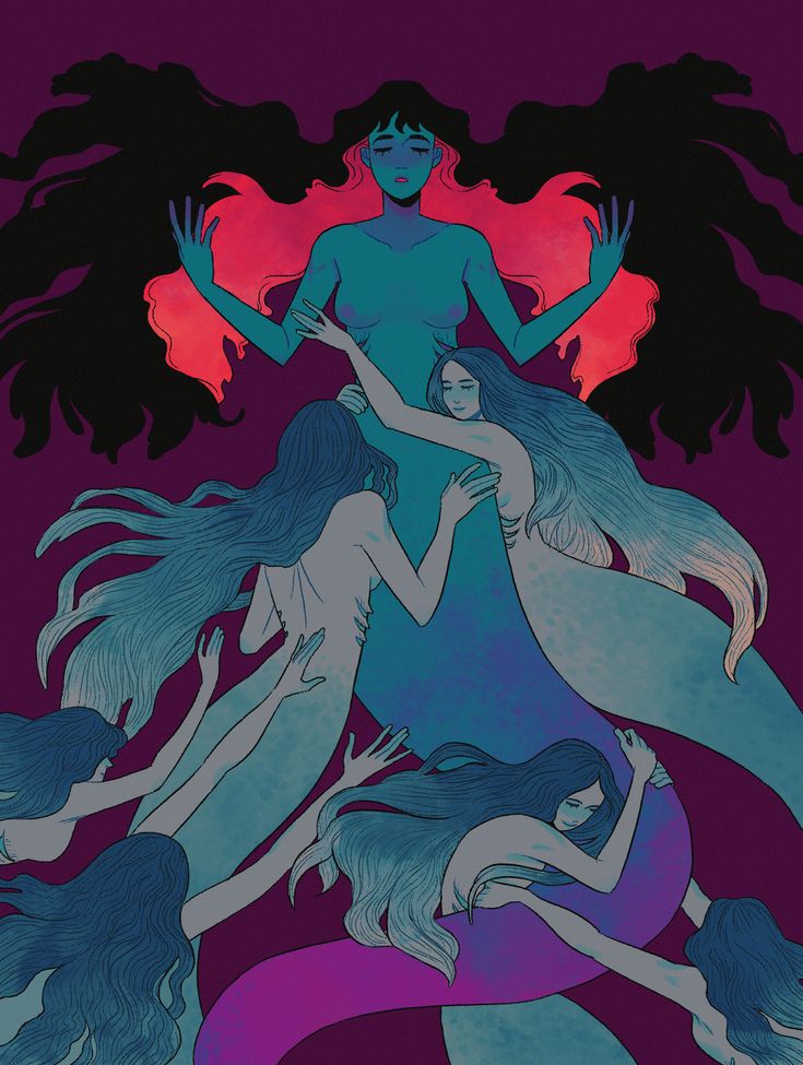 he image is a stylized illustration depicting a central, larger mermaid figure with long, dark hair streaked with vibrant pink and red. she has a tealblue skin tone.  several other mermaids, with flowing teal and purple tails and hair, are clustered around her, embracing and interacting with her. the mermaids are depicted in a manner that suggests a spiritual or mystical connection, with a sense of fluidity and movement. the overall color palette is rich and dark, with pops of vibrant color, creating a mood that is both alluring and somewhat melancholic. the style is reminiscent of fantasy art or possibly modern interpretations of mythology. the background is a deep purple.