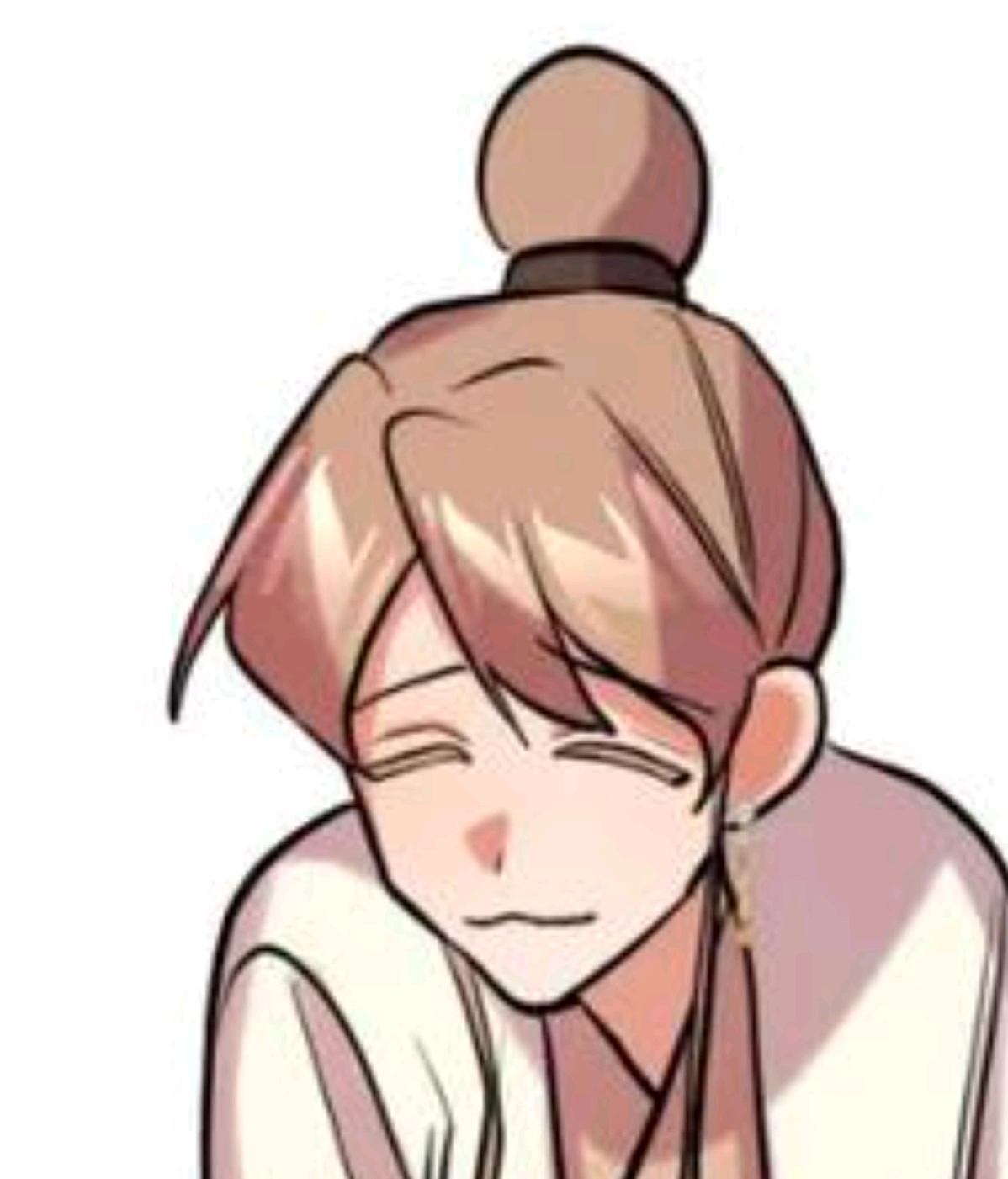 the image shows a cartoon anime character with brown hair tied up in a bun. the character is smiling with closed eyes and a lowered head. the character is wearing a white robe.