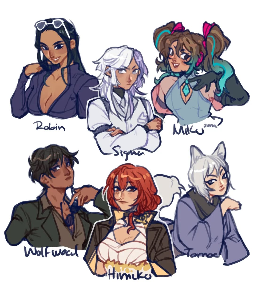 his digital fanart depicts a group of six stylized female characters, each with unique designs and expressions. the characters have diverse skin tones, hairstyles, and outfits, showcasing a variety of fashion styles ranging from casual to more elaborate attire. they appear to be from different fantasy or anime settings, given their diverse designs. each character's name is written beneath their respective portrait, making them easily identifiable. the art style is vibrant and colorful, with a focus on expressive character designs and dynamic poses. the characters’ expressions range from confident to playful and mysterious, adding to the overall dynamic nature of the artwork.