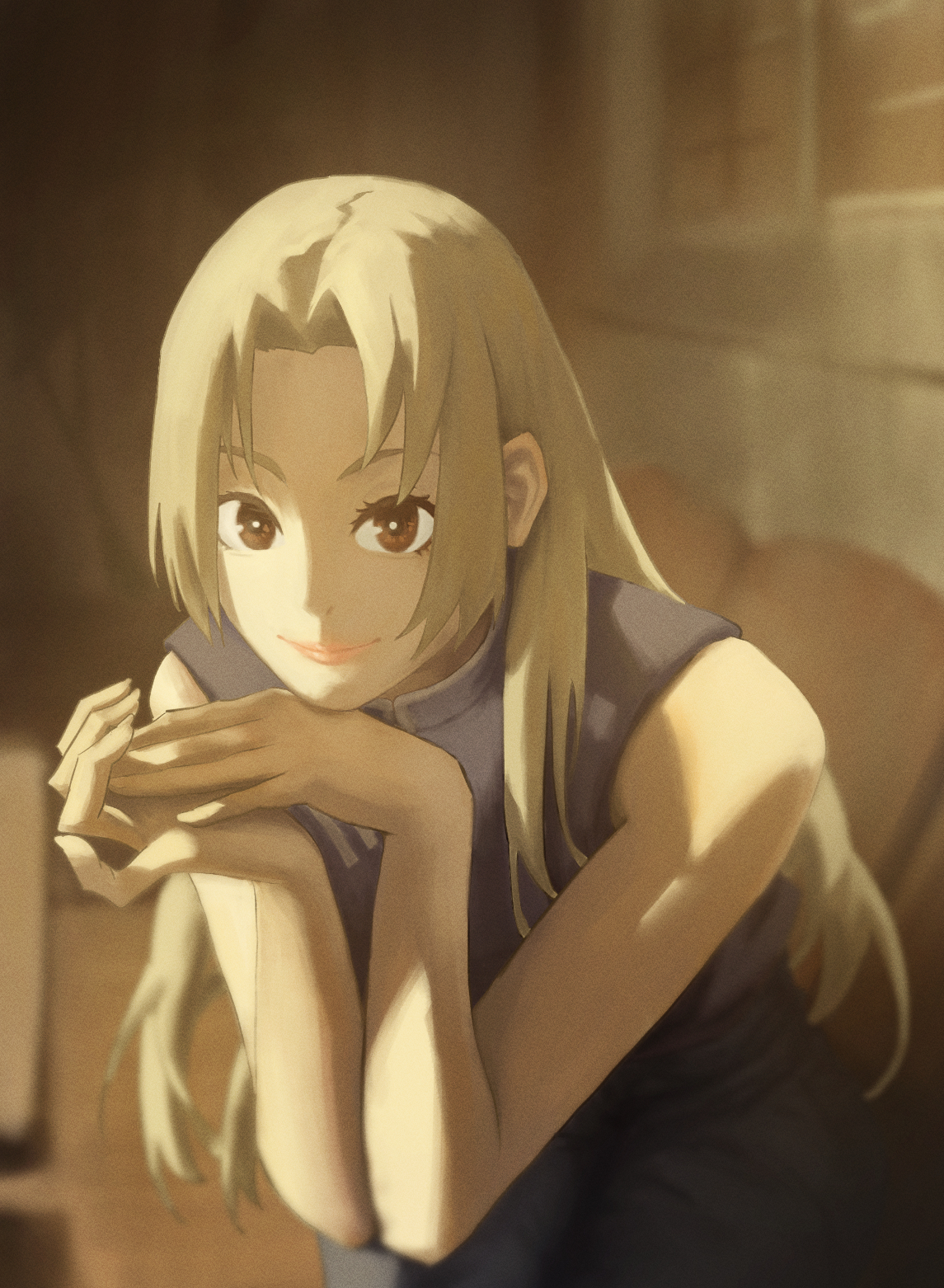 a young woman with long blonde hair is sitting indoors, resting her chin on her hands as she looks directly at the viewer.  soft, warm sunlight illuminates her face and creates gentle shadows around her. she wears a sleeveless, darkcolored top and has a peaceful, contemplative expression. the overall atmosphere of the image is calm and inviting.