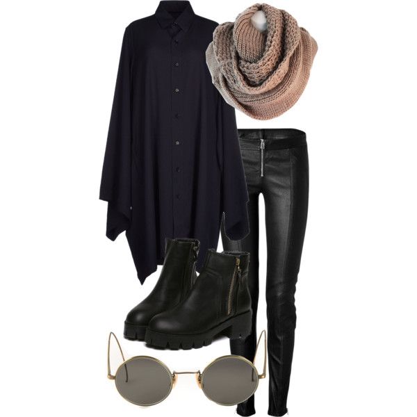 the image shows a fashion outfit. the outfit includes a black buttonup shirt, black leather leggings with a zipper at the waist, and black ankle boots with a platform sole and a zipper on the side. accessories include a taupe knitted infinity scarf and round sunglasses with gold frames.