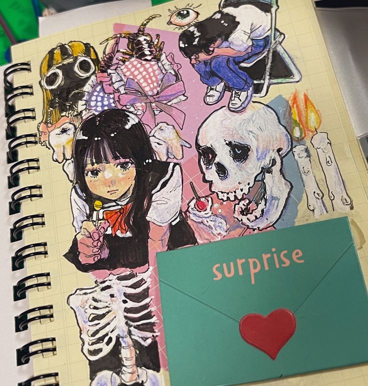closeup shot of a sketchbook filled with various drawings and stickers. the style is a mix of anime/manga, dark academia, and kawaii elements.  the drawings include a girl with dark hair, a skull, a skeleton, a gas maskwearing figure, a scorpion, and a seated figure in a chair.  pastel colors are used throughout, contrasted by darker lines and elements. a teal envelope with the word "surprise" and a red heart is prominently featured on the page. the overall aesthetic is a mix of cute and creepy, combining dark and light themes. the sketchbook itself is spiralbound.
