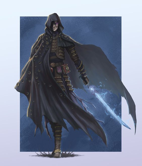 this is a digital illustration of a fantasy character, a dark warrior. he is wearing a dark cloak with a hood that covers his head. he is holding a glowing blue sword in his right hand. he is standing in a dark and blue background.