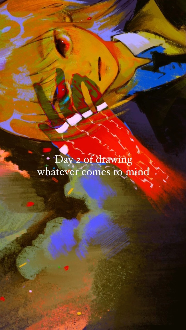 the image is a vibrant and expressive digital painting or illustration.  it appears to be a stylized portrait of a person, possibly female, with a face that's partially obscured and blended into an abstract background.  the colors are intense and saturated, using bold strokes of red, orange, yellow, blue, and green.  the style is surreal and imaginative, with a flowing quality that makes it difficult to pinpoint the exact form.  the background is primarily dark, allowing the bright colors to pop.  there's a caption that reads "day 2 of drawing whatever comes to mind," suggesting this is a piece done as part of a daily creative exercise. the overall effect is one of strong emotion and artistic freedom.