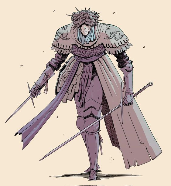 a lone knight stands against a pale background, armed with two swords. they wear ornate armor with a spiked crownlike helmet, their face partially obscured. their posture suggests weariness or defeat.  the art style is reminiscent of comic books or graphic novels with visible linework and shading.