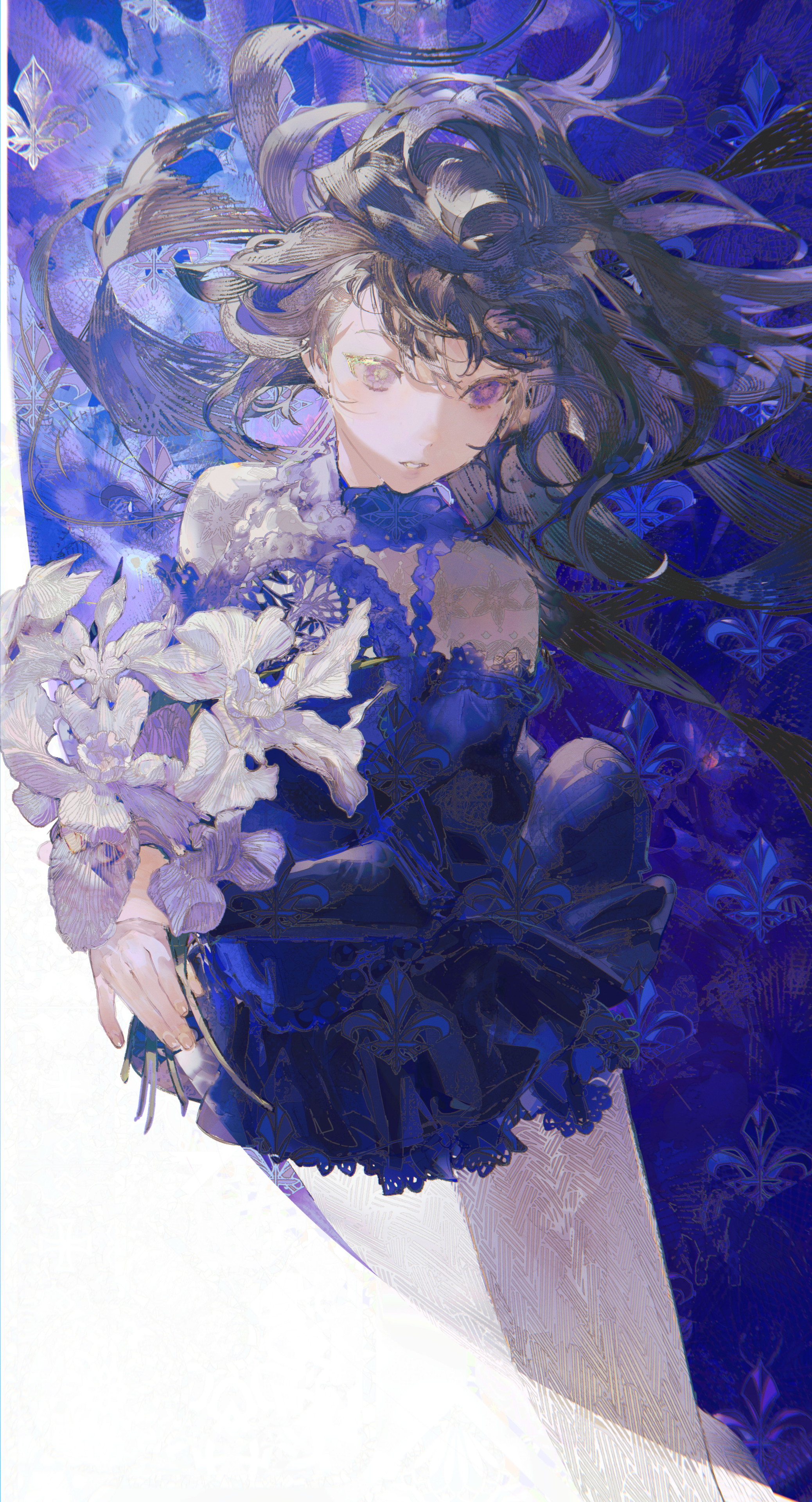 the image is a digital painting or illustration of an animestyle girl. she has long, dark purple hair that is flowing and slightly messy. she is wearing a dark blue dress with lace details and is holding a bouquet of white flowers. the background is a blend of purple and blue watercolor washes with floral patterns. the overall style is ethereal and dreamy, with soft colors and a delicate atmosphere. the girl's expression is somewhat pensive or mysterious. the image is high quality and detailed, exhibiting skillful use of color and light.