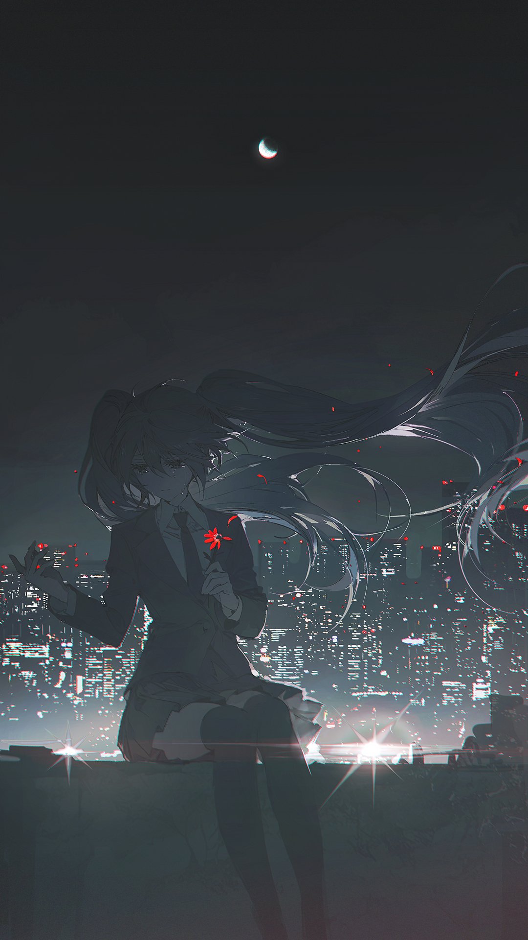 an anime girl with long, flowing pigtails sits on a rooftop at night, with a cityscape behind her and a crescent moon in the sky. she wears a blazer, skirt, and stockings, and holds a flower in her hand.