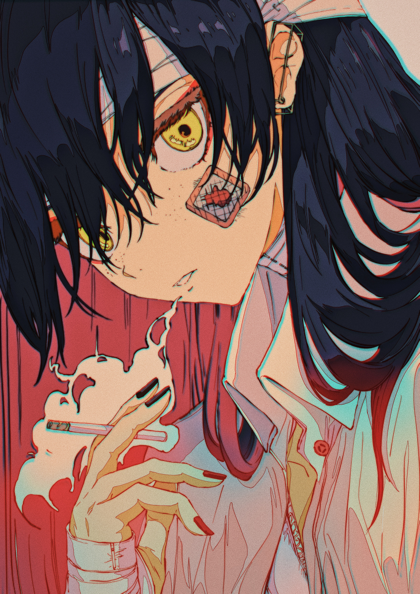 the image is a stylized digital drawing of an animestyle girl.  she has long black hair, pale skin, and striking yellow eyes. she's visibly injured, with bandages on her face and arm. she's smoking a cigarette, and her expression is somewhat sullen. her clothing is casual yet stylish, and the overall color palette is a blend of reds, pinks, and muted pastels.  the art style is a blend of manga and a more modern, graphic novel aesthetic, with a hint of vaporwave influence in the coloring and style choices. the focus is a closeup portrait of her face and upper body.