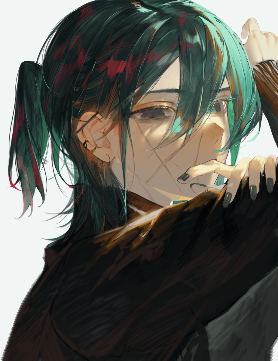 an animestyle portrait of a boy with green hair pulled back into a side ponytail, wearing a dark sweater. he has an earring, fingernails painted dark green, and scars on his face. his hand is near his face, and he has a melancholic expression.