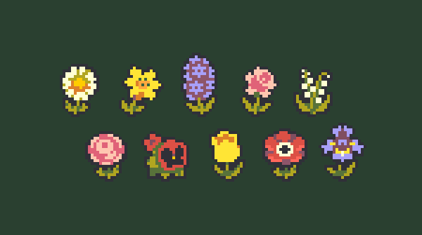 the image showcases a collection of twelve different pixel art flowers, each meticulously designed in a retro 8bit style.  the flowers are diverse, depicting various types like daisies, sunflowers, hyacinths, roses, lilies of the valley, carnations, poppies, pansies, and irises.  they are displayed neatly arranged against a dark green background. the overall aesthetic is reminiscent of vintage video game graphics or pixel art illustrations.