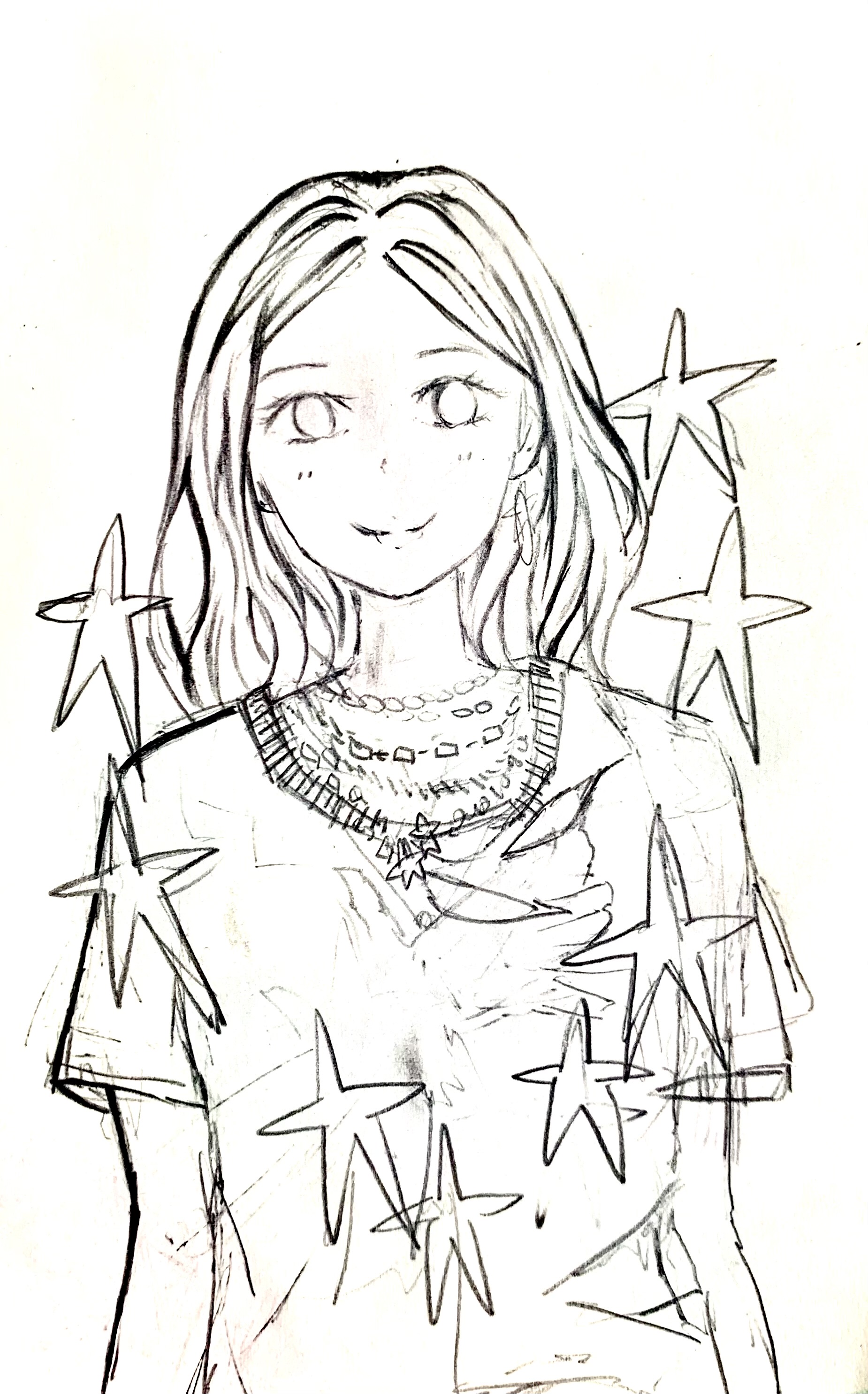 the image is a black and white sketch of a young woman. she is drawn in a manga or anime style with large eyes, a small nose, and a slight smile. the woman has long hair that falls around her shoulders. she is wearing a tshirt with star designs and a statement necklace. the drawing is not fully shaded, giving it a light and airy feel. several stars are scattered around the figure, adding to the whimsical feel.