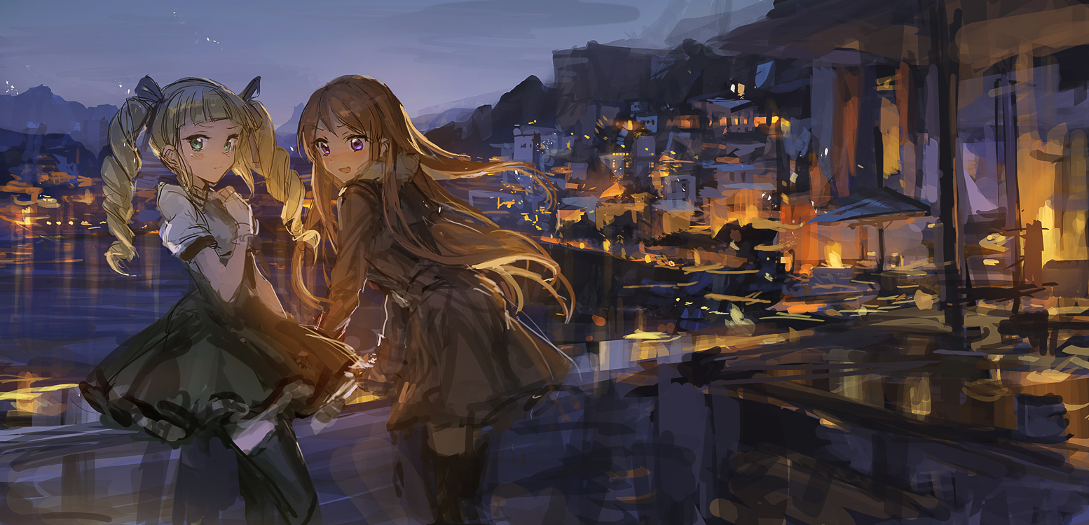 the image is a digital painting depicting two anime girls standing on a balcony overlooking a picturesque night cityscape. one girl has blonde twintails and wears a dark green dress, while the other has long brown hair and wears a brown coat. they appear to be looking at the city lights together. the style is painterly and expressive, with loose brushstrokes and a focus on atmosphere. the city below is lit up, with various buildings and structures visible along the water. the overall mood is serene and romantic.