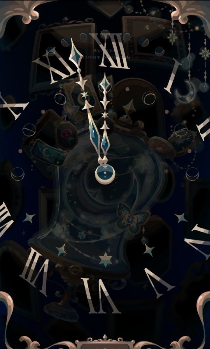 the image depicts a large, ornate clock set against a dark blue background. the clock face features roman numerals and is adorned with celestial elements such as stars, a crescent moon, and a swirling galaxy pattern. a blue butterfly rests on the clock's pendulum, which swings beneath the hands frozen at the stroke of midnight. the overall aesthetic evokes a sense of magic and wonder.