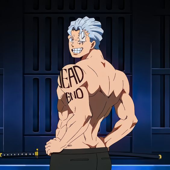 the image showcases a muscular, shirtless anime man with slickedback, gray hair and a confident smirk. he's facing away from the viewer, giving a rear view of his toned physique. the man has a prominent "dead end" tattoo on his left shoulder blade. the setting appears to be a dark, indoor location with vertical bars in the background, lit by artificial light, likely spotlights, emphasizing the man's muscular build. he wears dark pants and a katana rests horizontally behind him.  the man's expression and posture convey a sense of strength and a hint of menace.