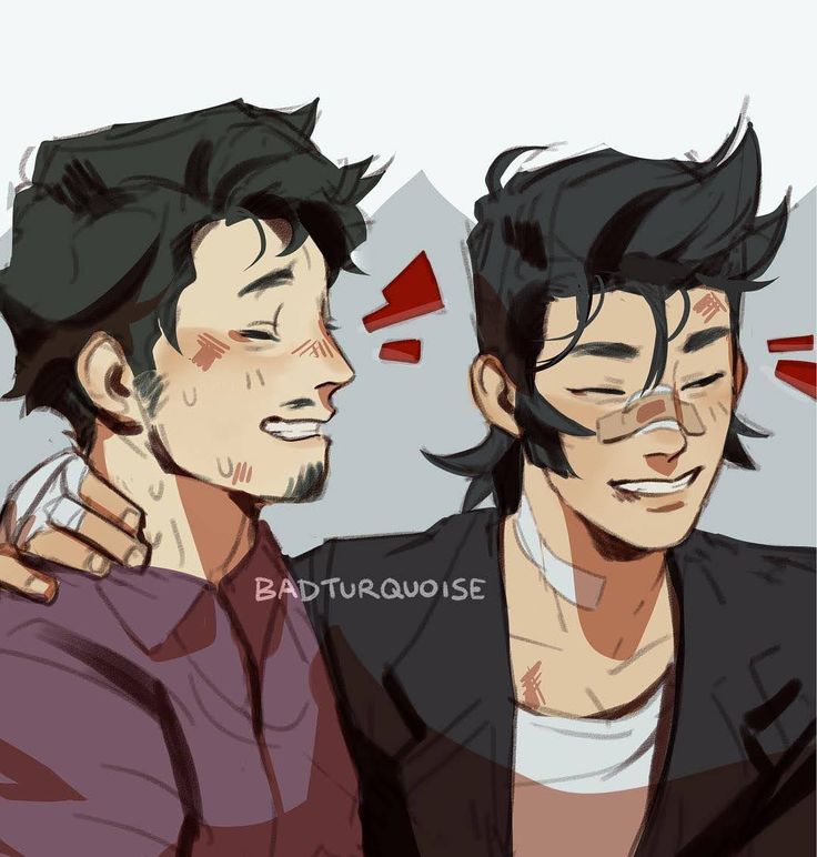 the image is a digital fanart depicting two young men, possibly a couple, in a close and affectionate embrace.  they appear happy and are smiling, though both show signs of minor injuries (scratches and small bandages). one is wearing a dark jacket, and the other a purple shirt. the art style is reminiscent of anime or manga, with softly shaded features and expressive lines. there are red accents suggestive of blush or excitement.  the overall mood is tender and intimate. the artist's signature "badturquoise" is visible in the center of the image.