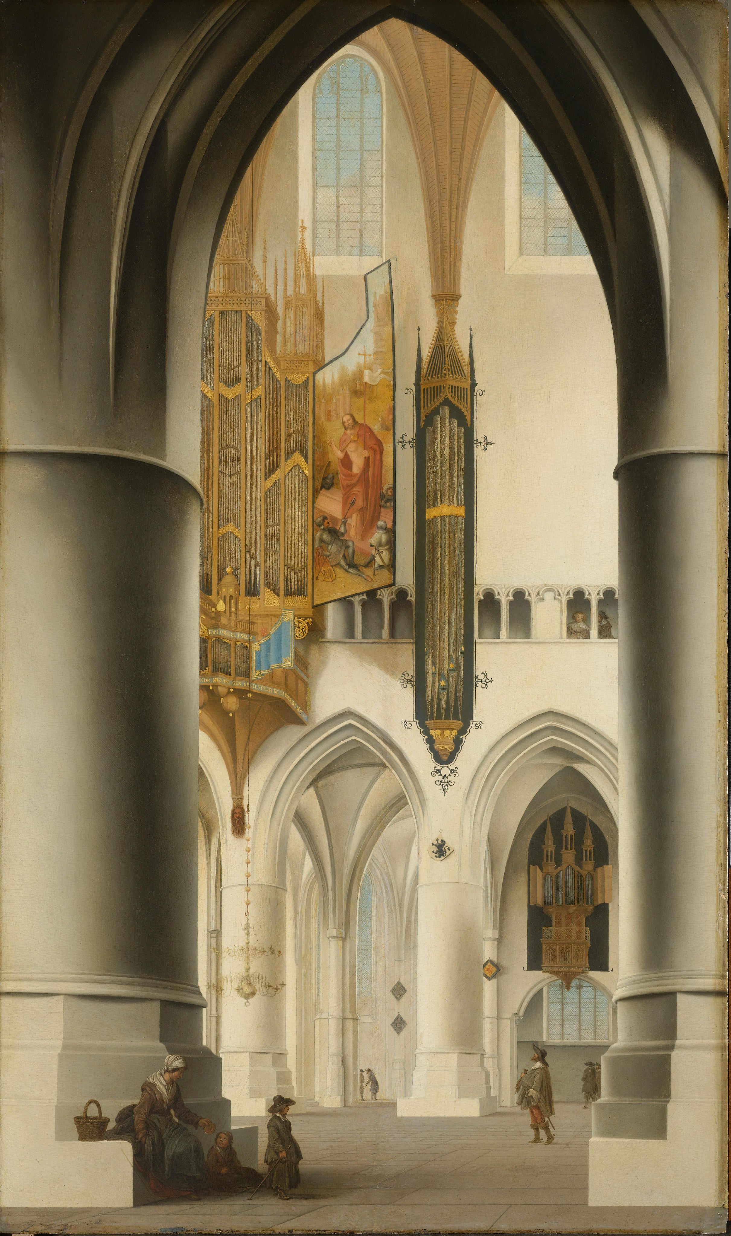 the image is a painting depicting the interior of a grand church. the composition is framed by large arches and columns in the foreground, leading the viewer's eye deeper into the space. the church features high vaulted ceilings and is decorated with ornate organs on the walls. the light filters through the arched windows, creating a play of light and shadow. several figures are present, including what appears to be a mother and child sitting near a column, and other individuals scattered throughout the space. the artwork captures a sense of the church's immense scale and the historical significance of its architecture and religious symbolism.